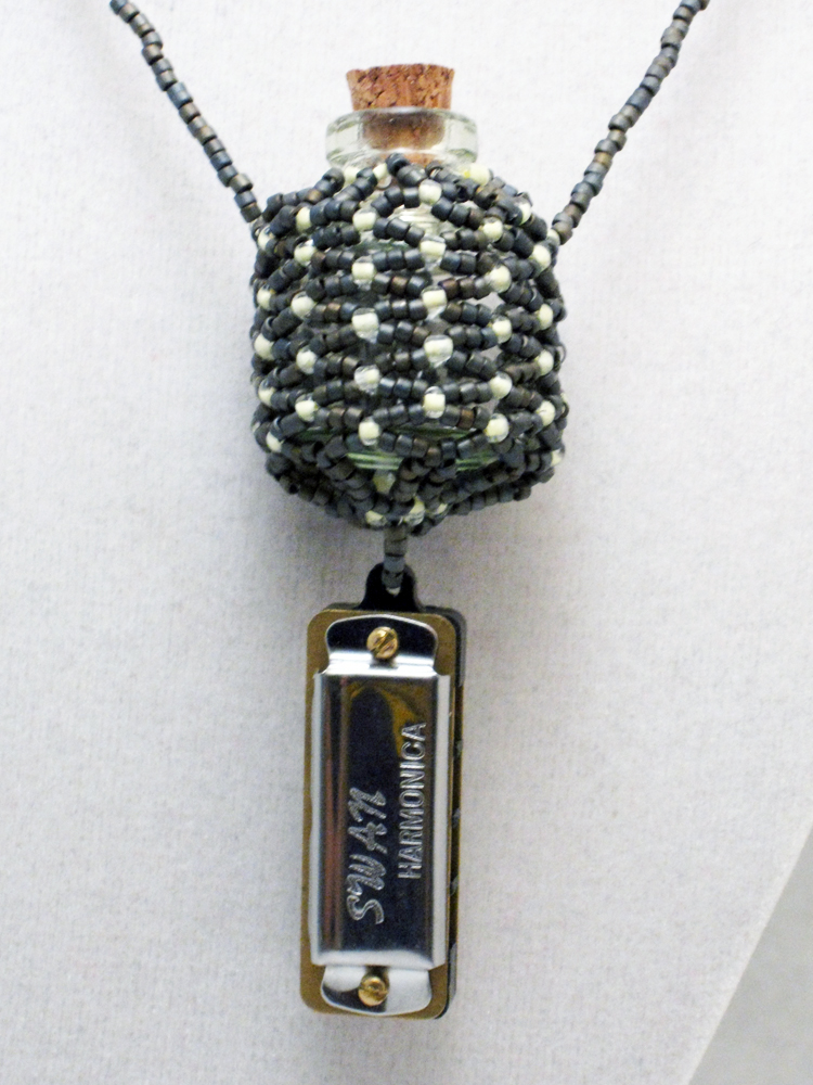 Harmonica Beaded Bottle Necklace In Cream And Gray